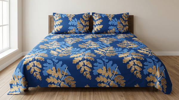 Classic Blue Leaf Printed Bedsheet Set