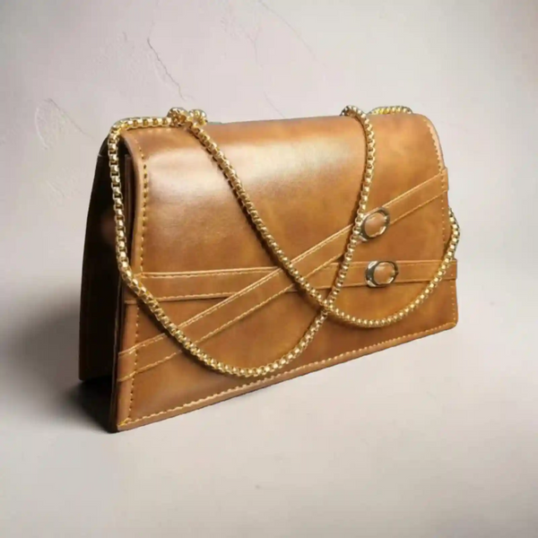Elegant Charcol camel Leather Clutch Bag with Gold Chain Strap
