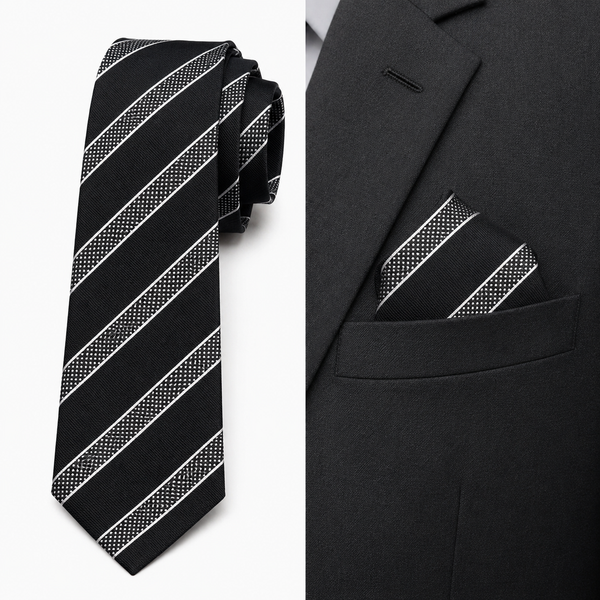 Black Label Diagonal Tie with Pocket Square Set