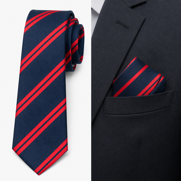 Navy & Red Regal Striped Tie with Pocket Square Set