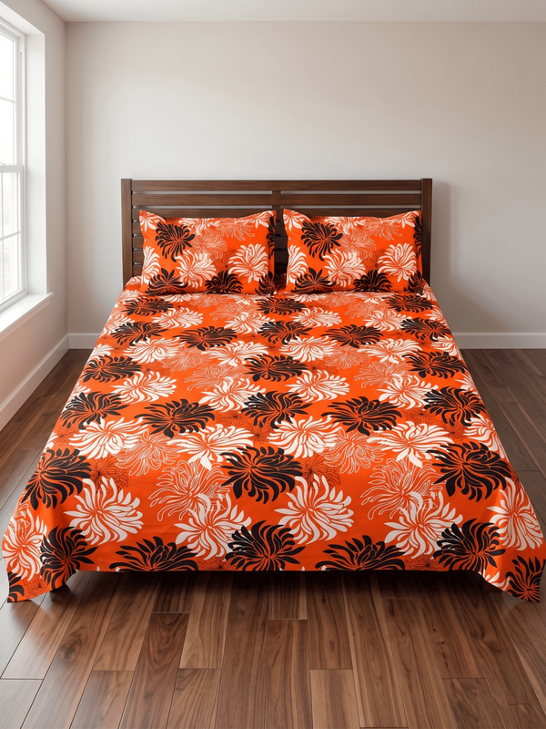 Classic Orange Floral Printed Bedsheet Set