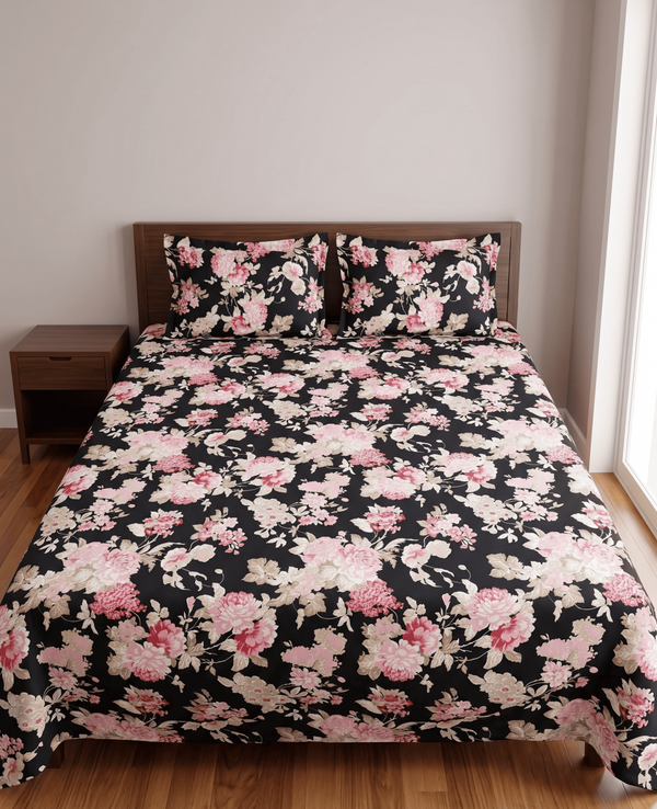 Classic Black Floral Printed Bedsheet Set
