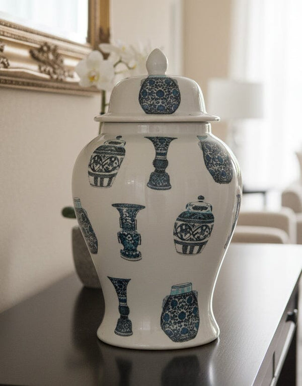 Blue & White Patterned Ceramic Jar