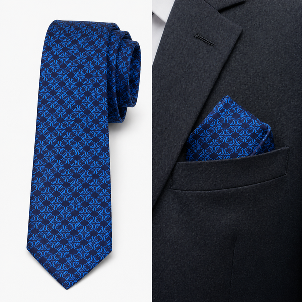 Imported Floral Blue Elegant Tie with Pocket Square