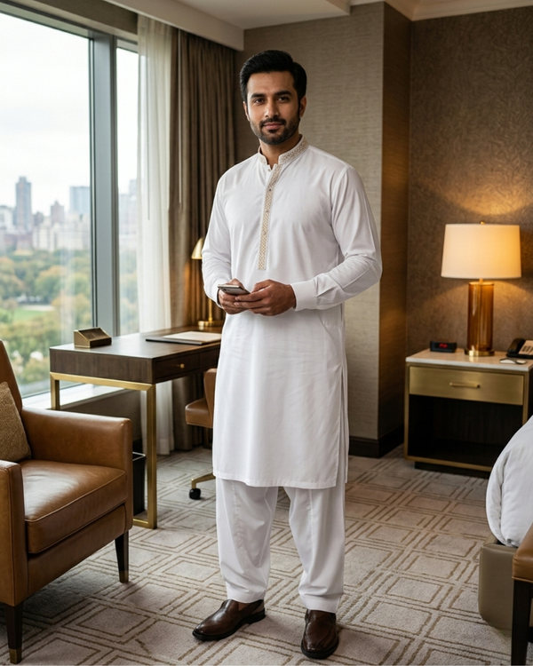 Men's Unstitched Classic Cotton White Suit
