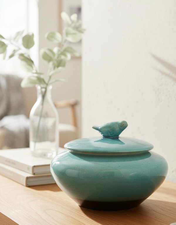 Turquoise Ceramic Jar with Bird Lid