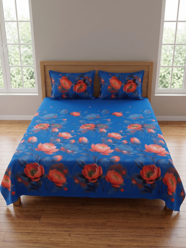 Premium Blue Floral Printed Bedsheet Set