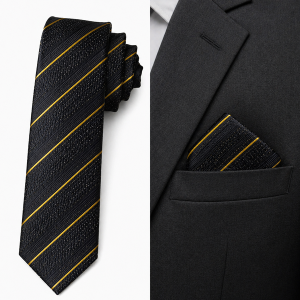 Imported Black Tie with Gold Diagonal Stripes and Pocket Square