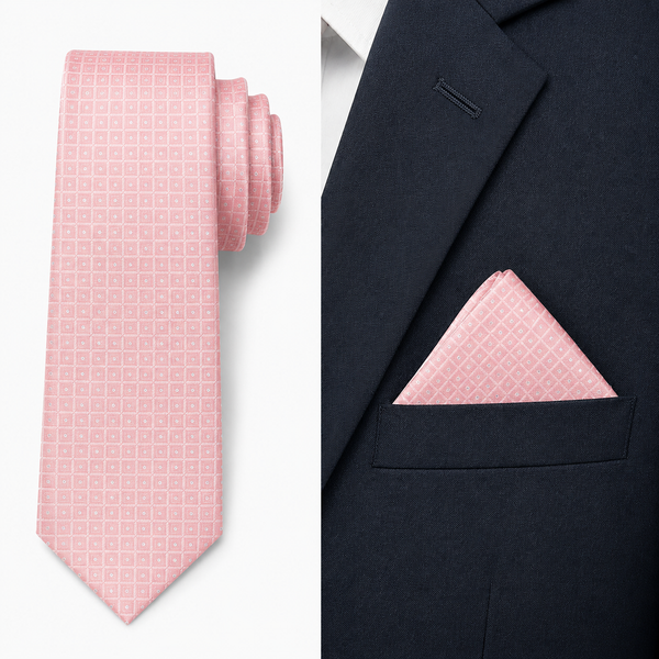 Baby Pink Box Patterned Tie with Pocket Square – Premium Men’s Set
