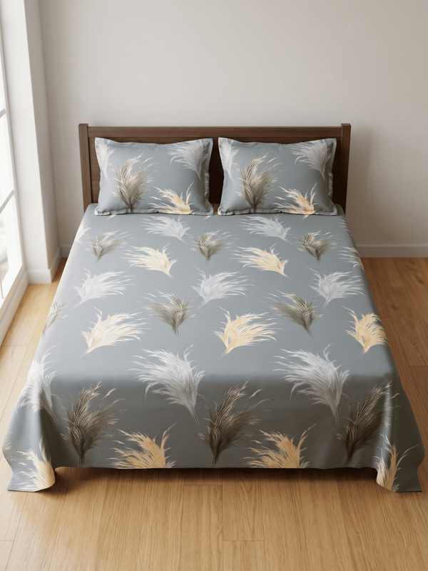 Premium Grey Feather Printed Bedsheet Set