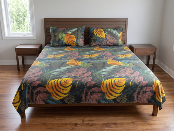 Classic Dark Tropical Leaf Printed Bedsheet Set