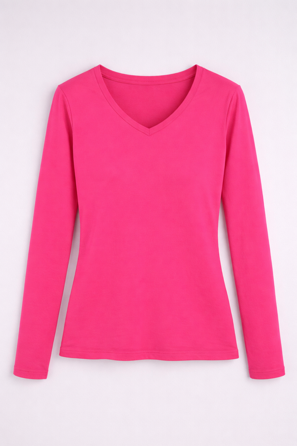 Women's V Neck Full Sleeve Blouses Tee Shirt-Fuchsia
