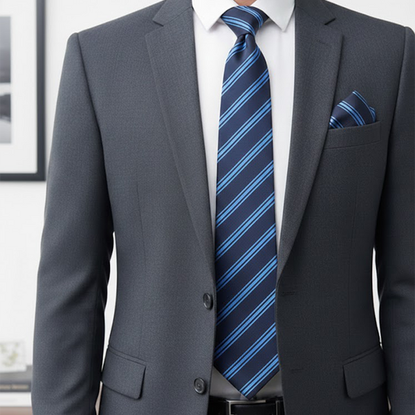 Navy Sky Stripped Tie with Pocket Square