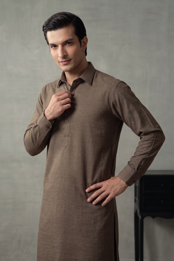 Men's Unstitched Handmade khaadi Slub Cotton Olive Suit