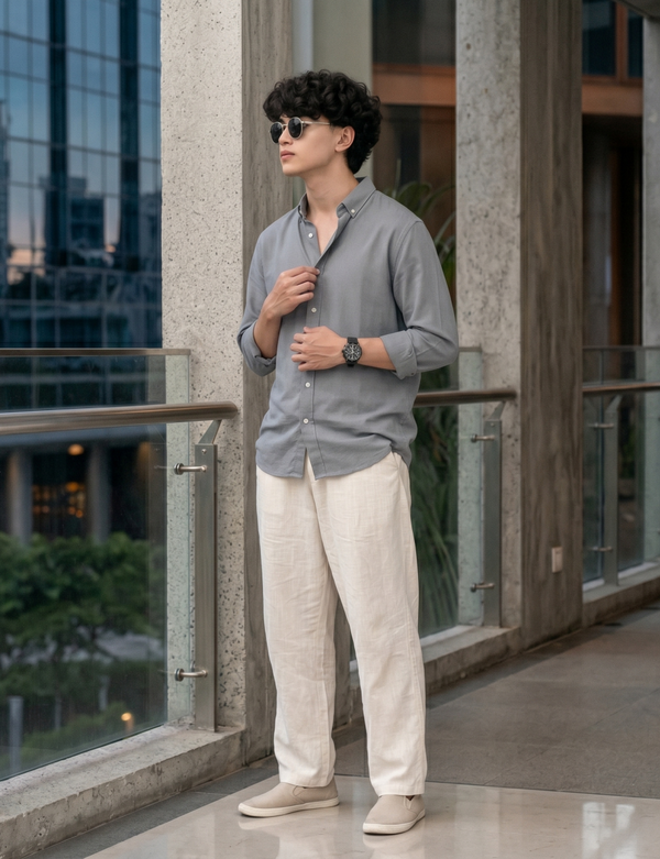 Cotton Chambray Shirt Dobby Gray