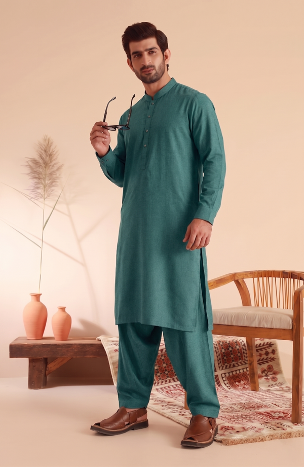 Men's Unstitched Handmade khaadi Slub Cotton Light Green Suit